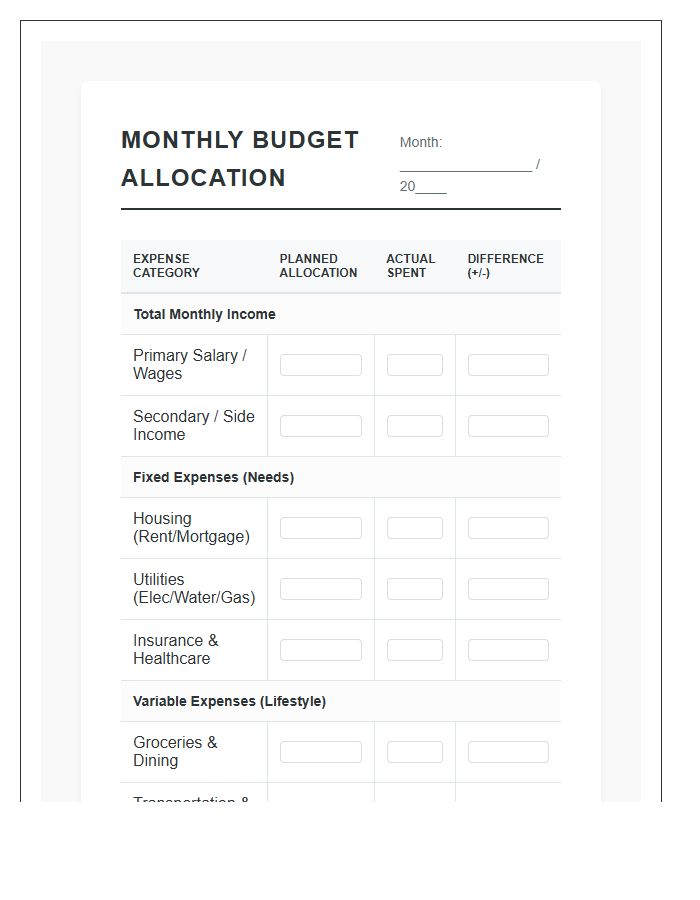 Structured Monthly Income Allocation Printable Budget Chart
