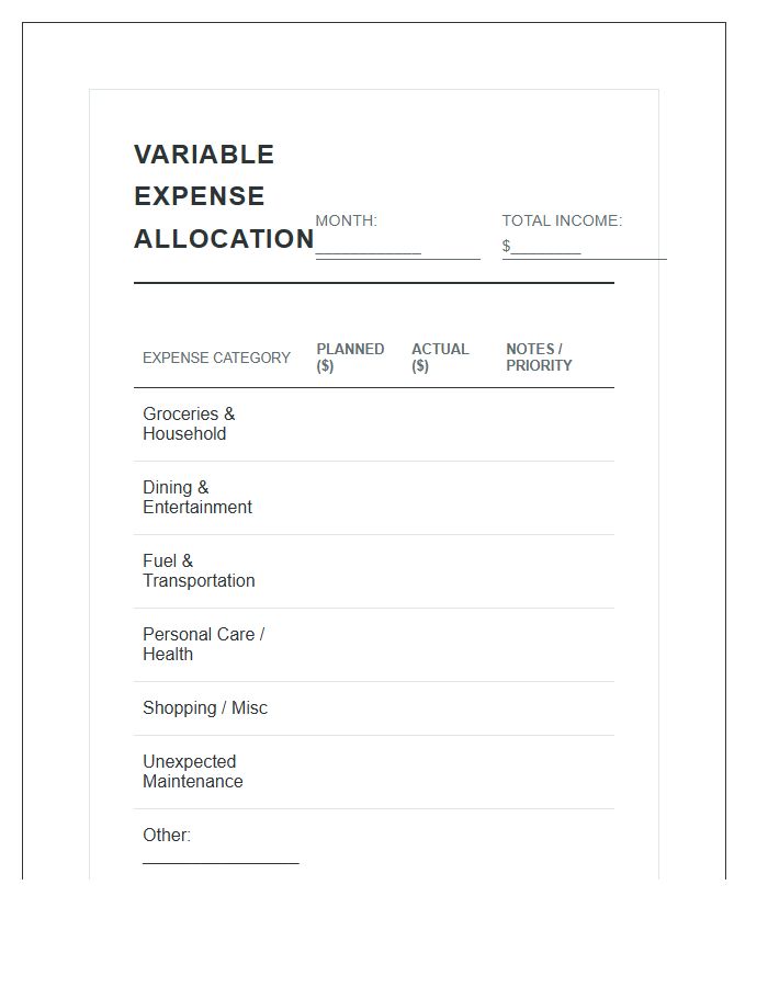 Variable Expense Monthly Income Allocation Printable Budget Chart