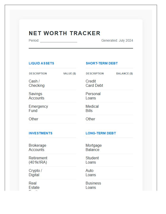 Comprehensive Net Worth Printable Tracker Chart