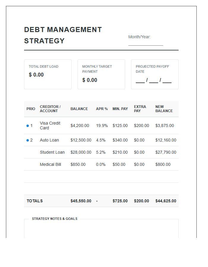 Debt Management Strategy Printable Budget Chart
