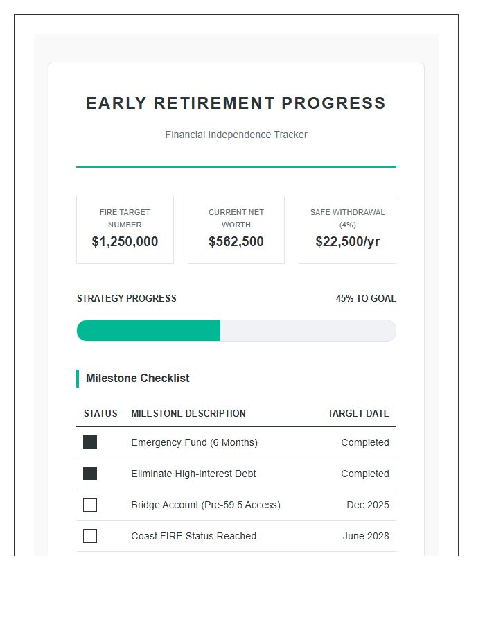 Early Retirement Planning Printable Progress Chart