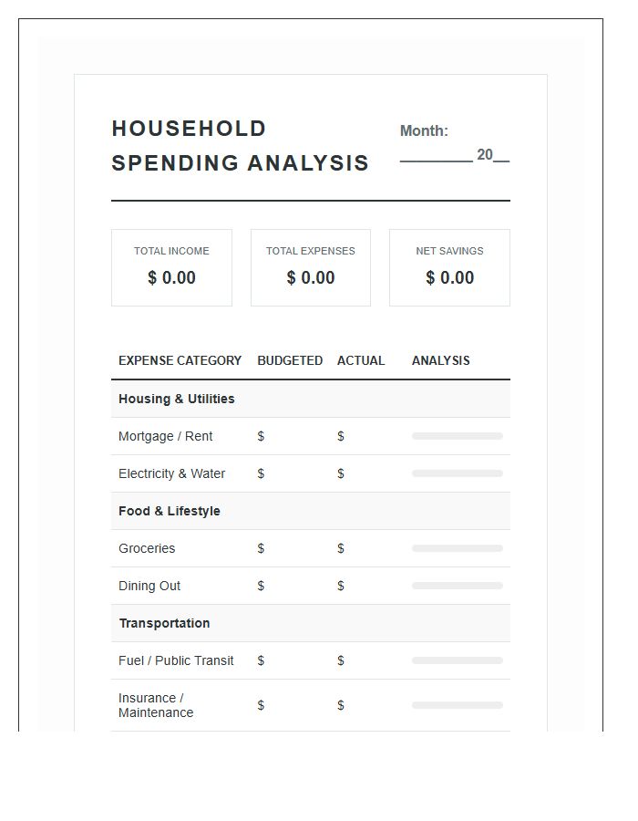 Household Spending Analysis Printable Budget Chart