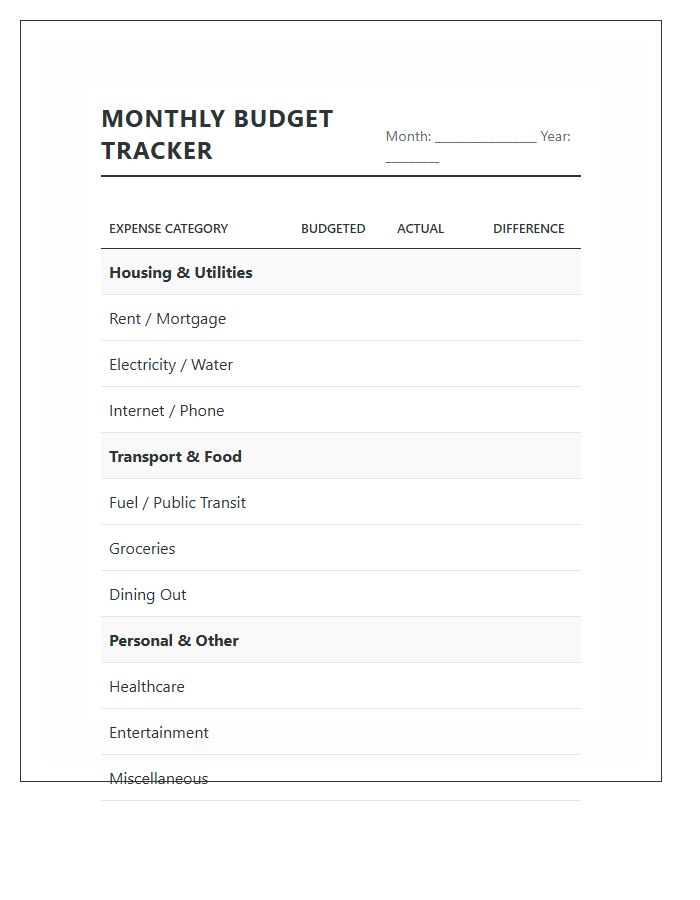 Monthly Expense Monitoring Printable Budget Chart