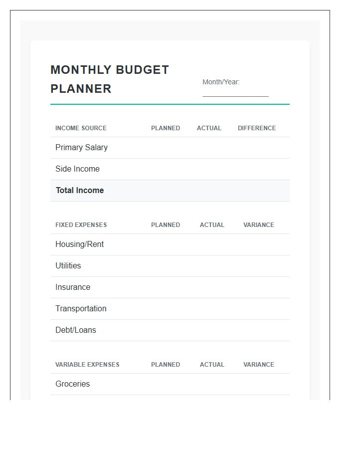 Personal Finance Success Printable Budget Chart