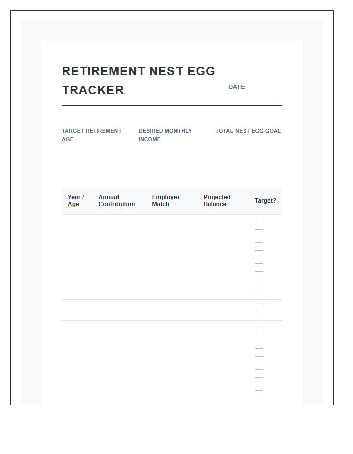Retirement Nest Egg Printable Calculation Chart