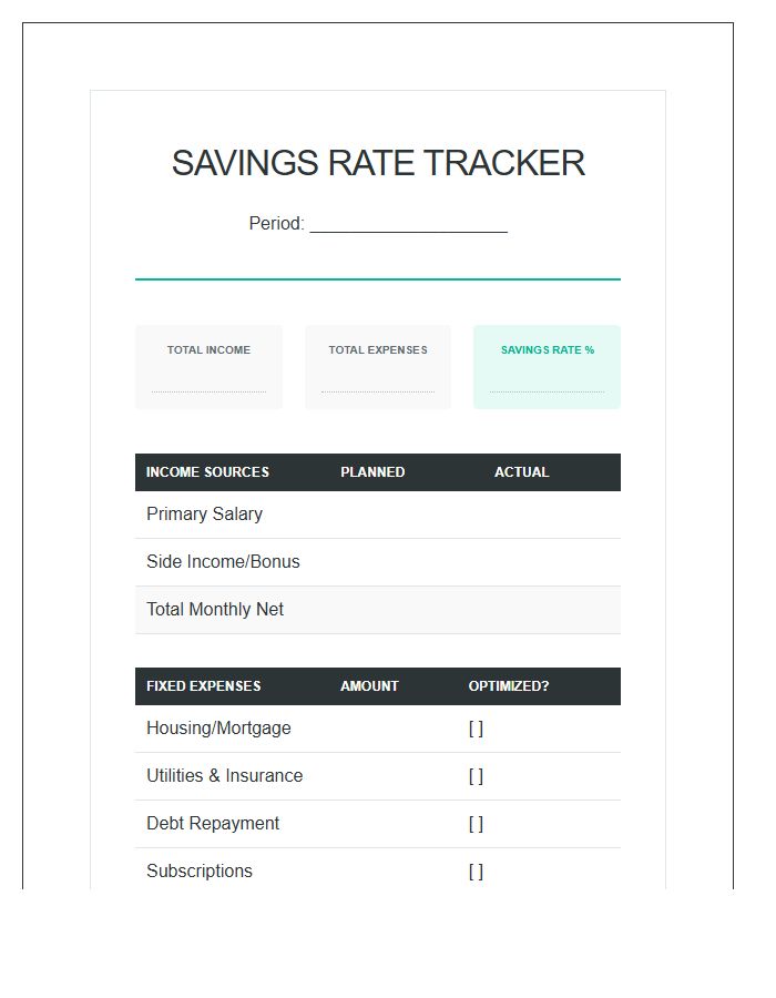 Savings Rate Optimization Printable Budget Chart