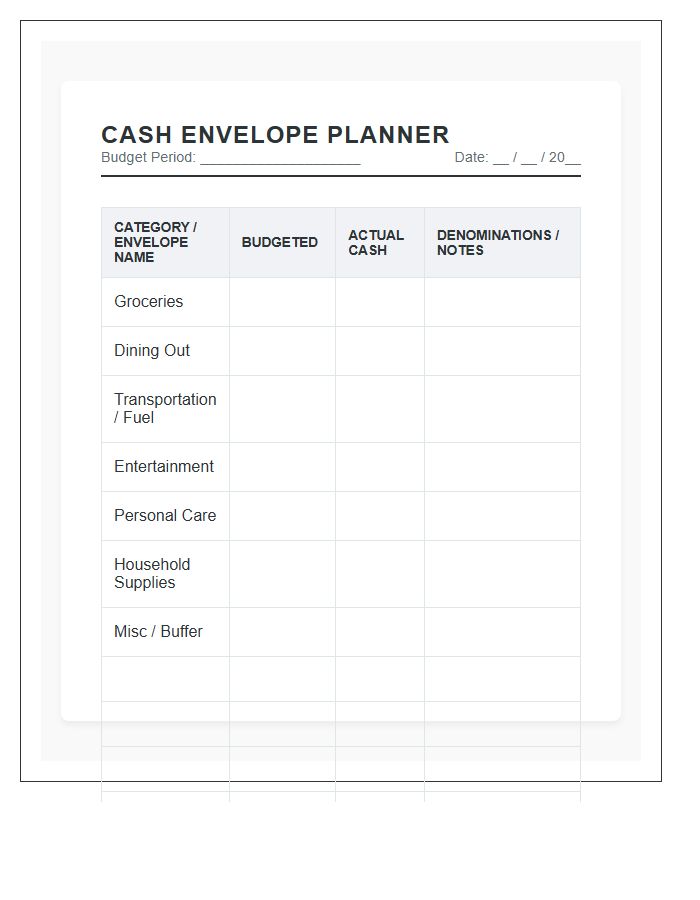 Cash Envelope System Printable Budget Chart