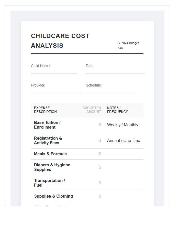 Childcare Cost Analysis Printable Budget Chart