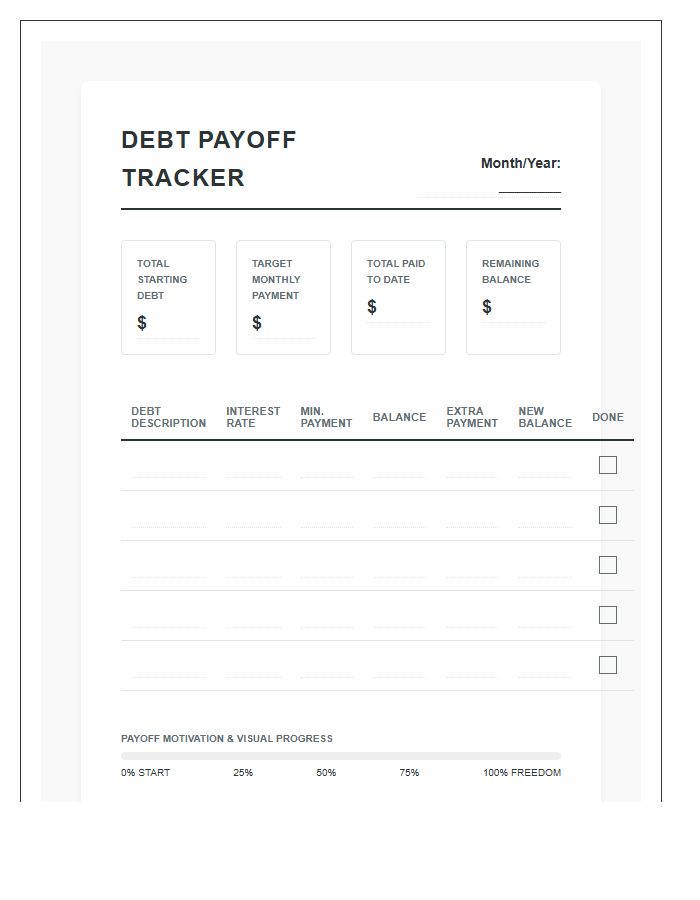Comprehensive Debt Payoff Printable Budget Chart
