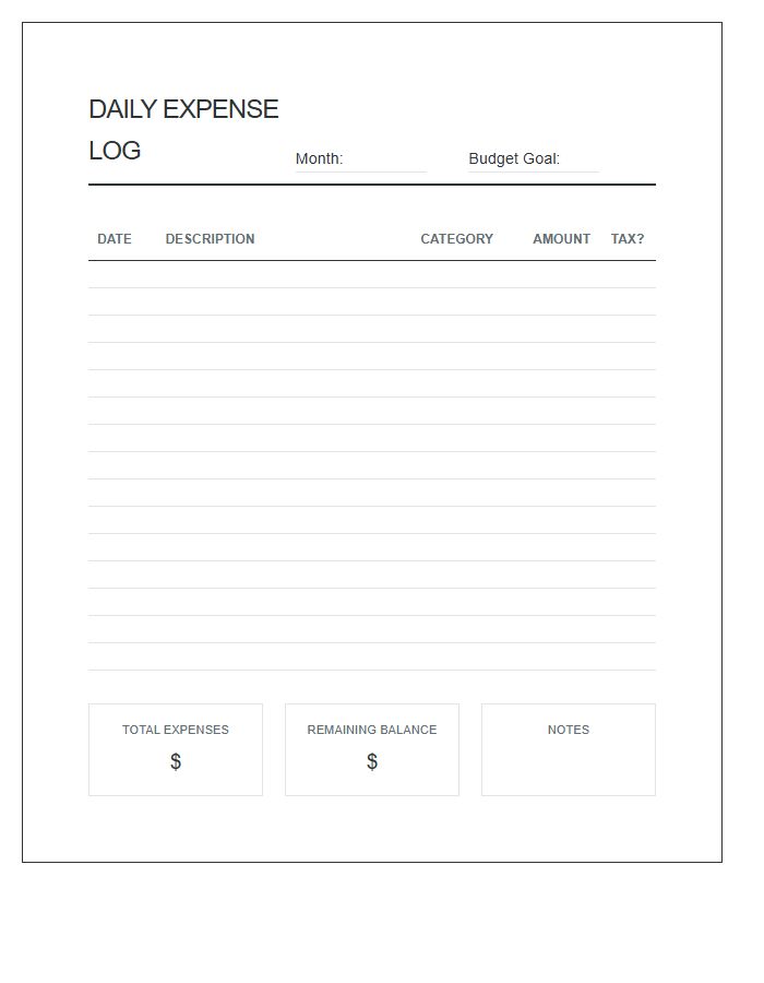 Daily Expense Logging Printable Budget Chart