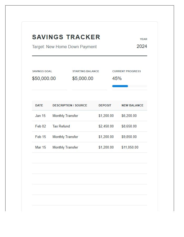 Detailed Savings Tracker Printable Budget Chart