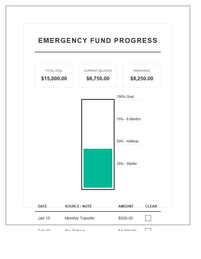 Emergency Fund Progress Printable Budget Chart