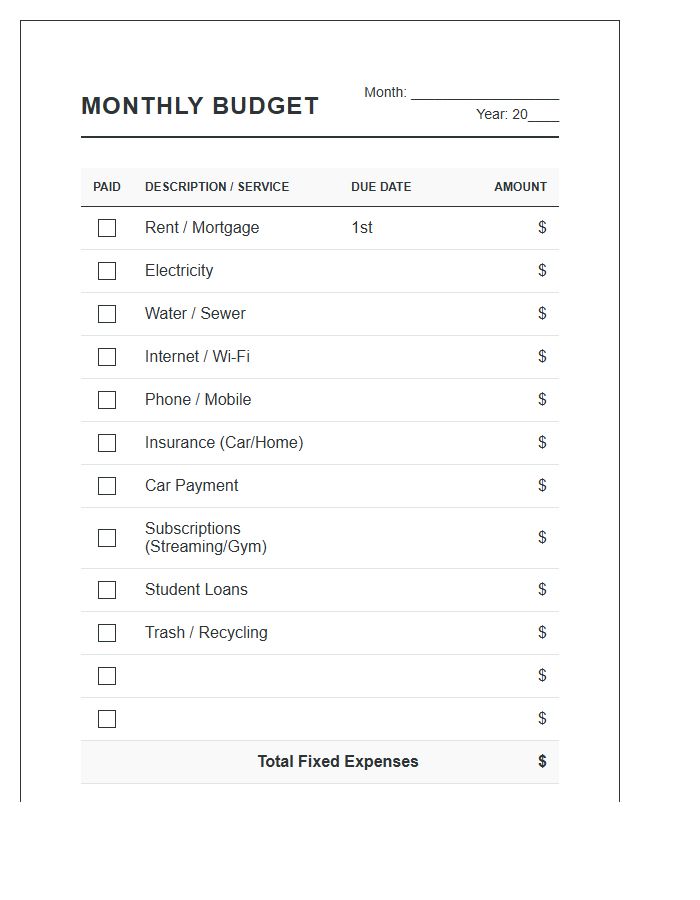 Fixed Monthly Bills Printable Budget Chart