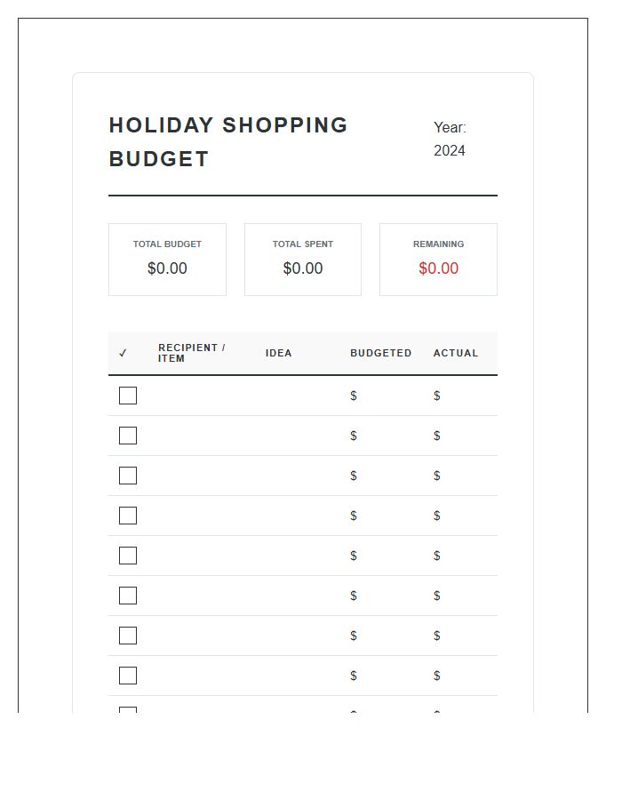 Holiday Shopping Expense Printable Budget Chart