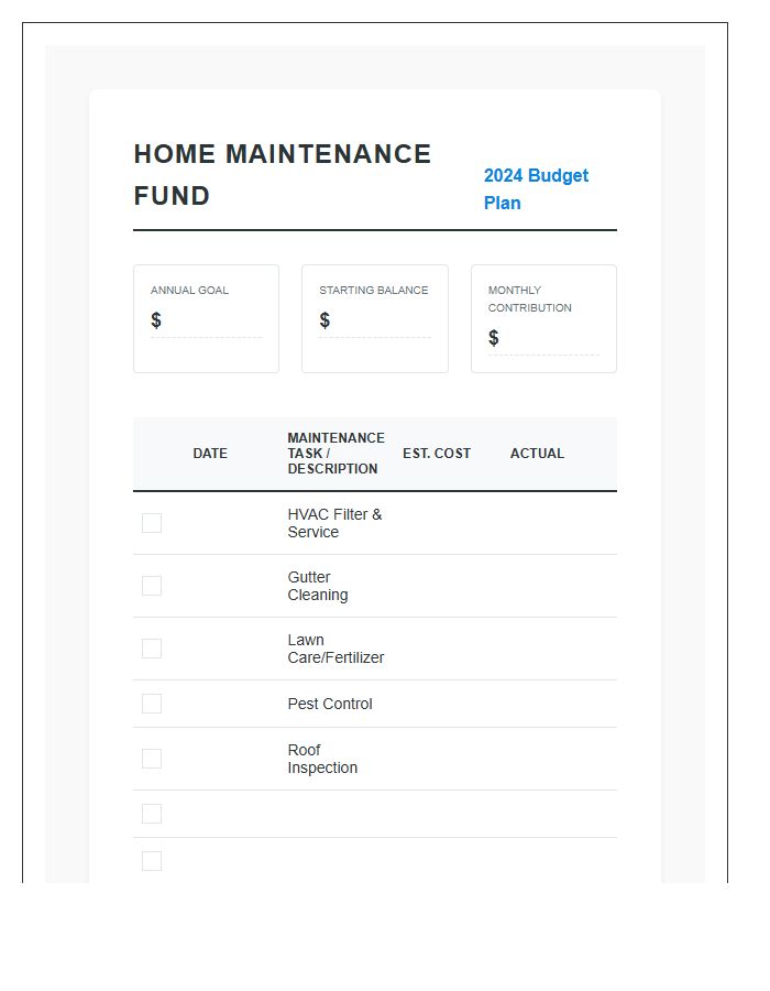 Home Maintenance Fund Printable Budget Chart
