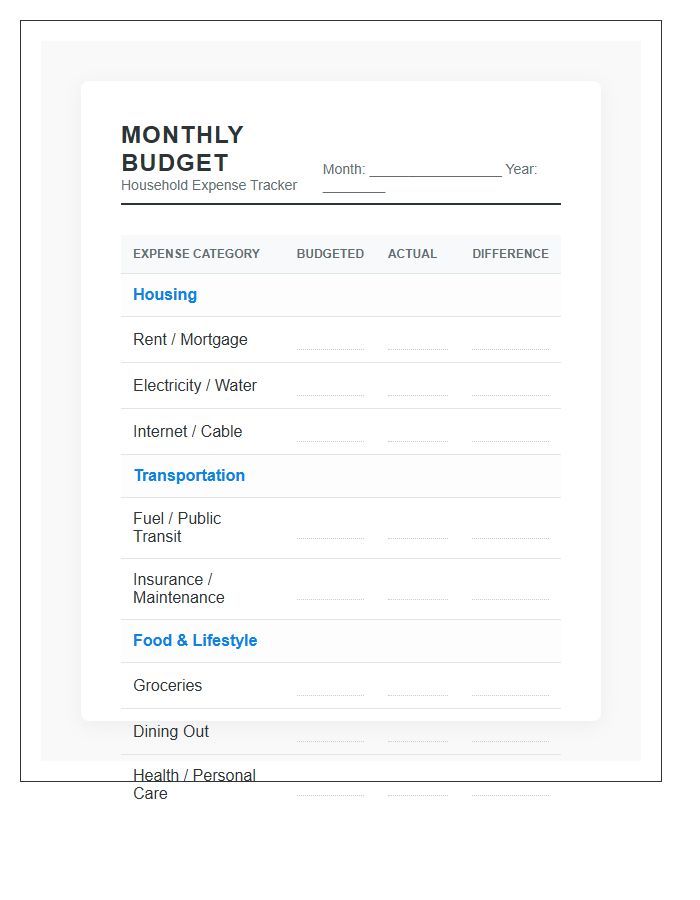 Monthly Household Expense Printable Budget Chart