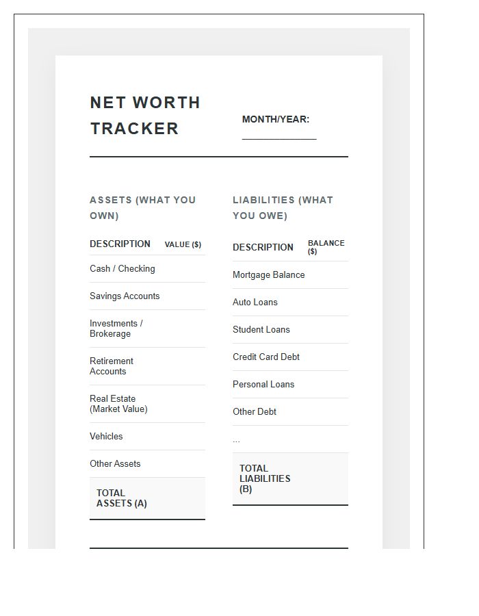 Net Worth Tracking Printable Budget Chart