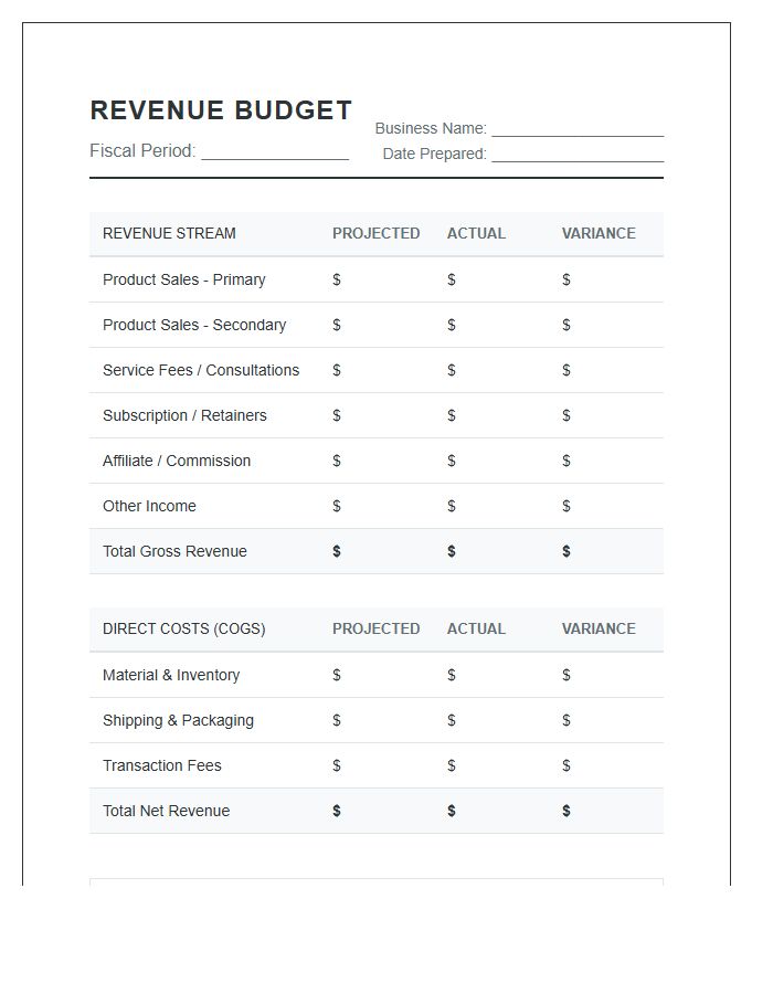 Small Business Revenue Printable Budget Chart