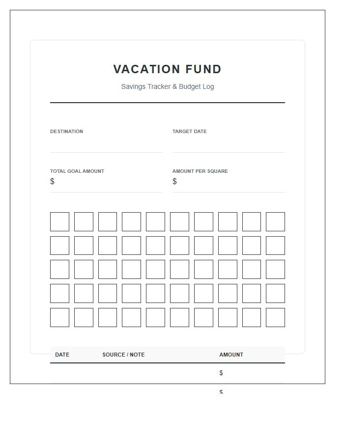 Vacation Fund Savings Printable Budget Chart