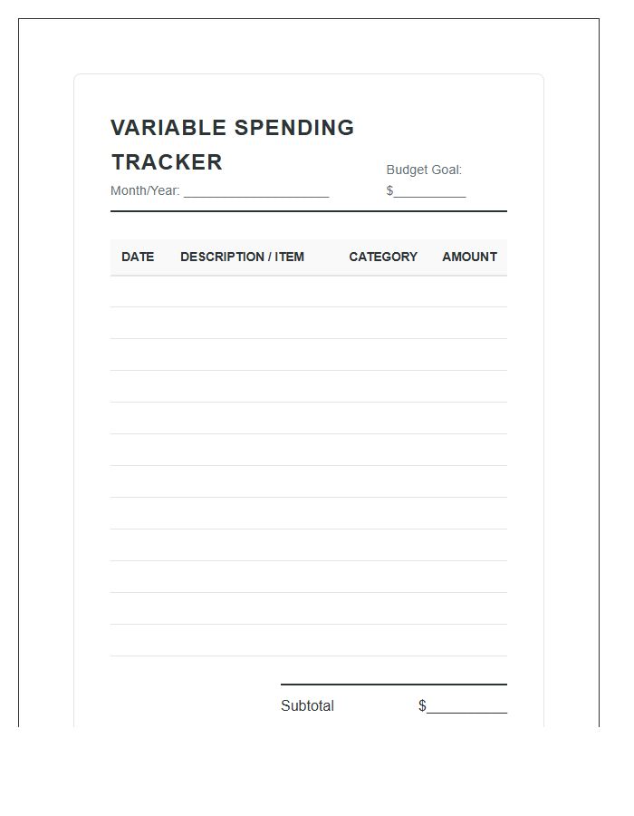 Variable Spending Habits Printable Budget Chart