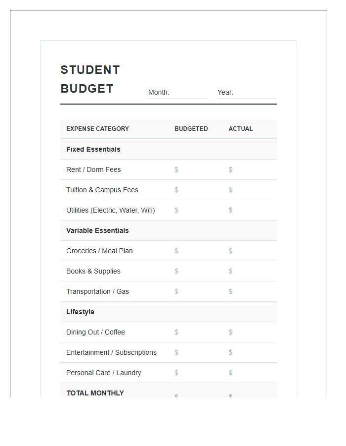 College Student Expense Printable Budget Chart