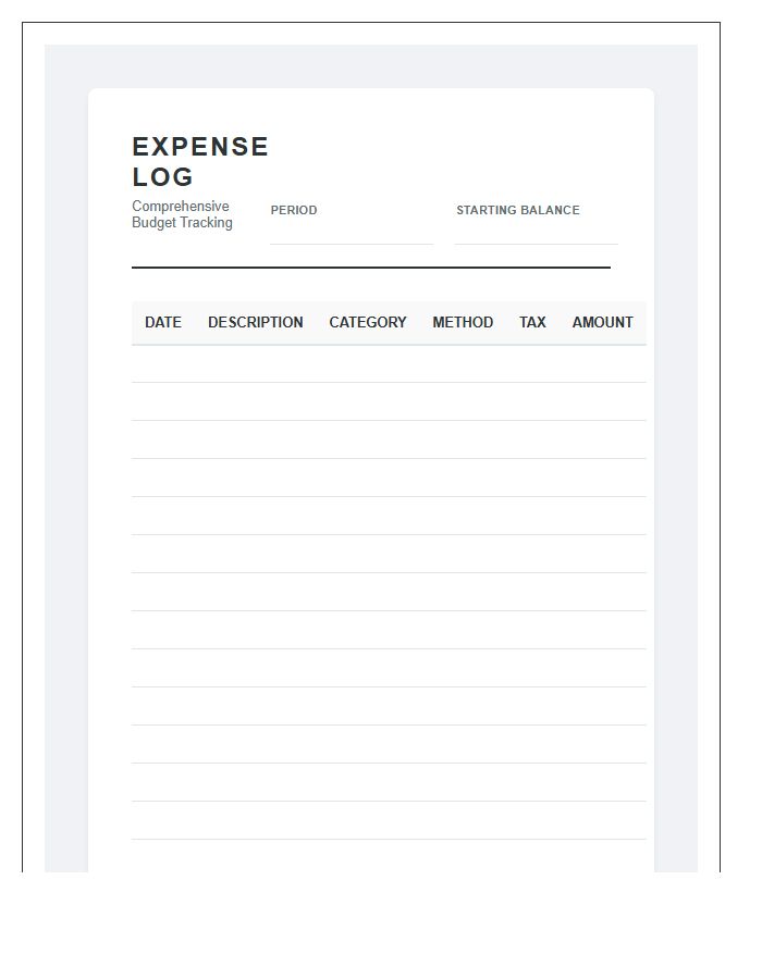 Comprehensive Expense Logging Printable Budget Chart