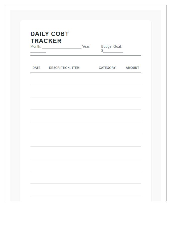 Daily Cost Tracking Printable Budget Chart