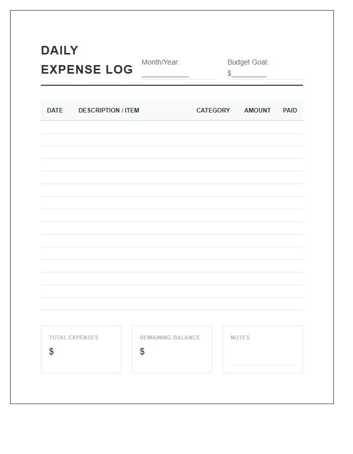 Daily Expense Logging Printable Budget Chart