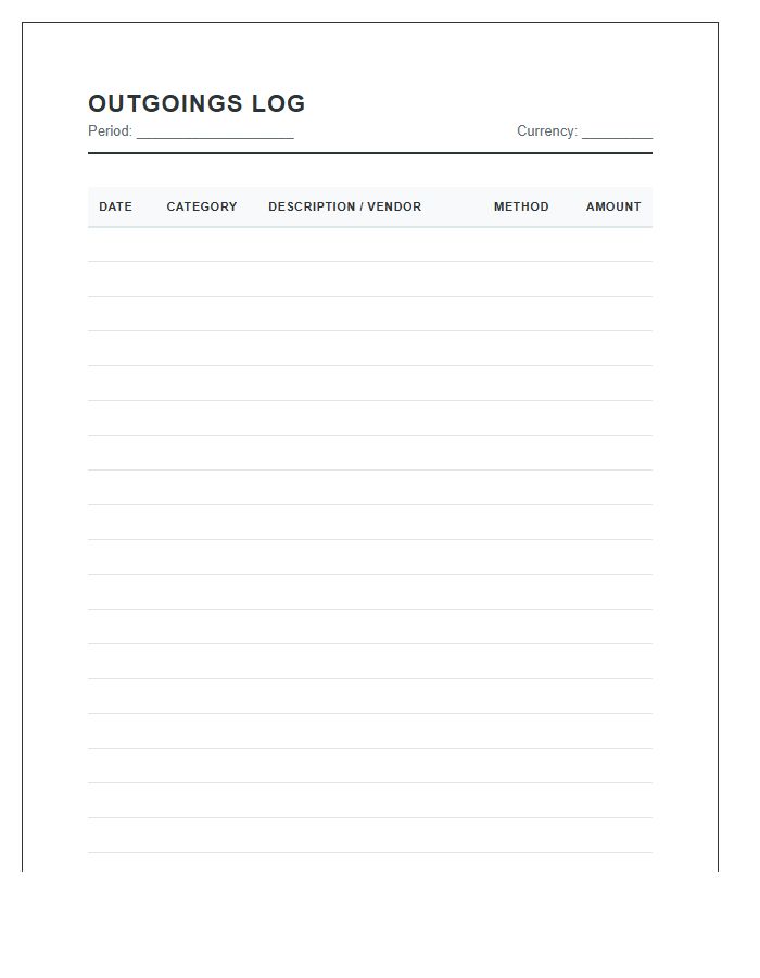 Detailed Outgoings Logging Printable Budget Chart