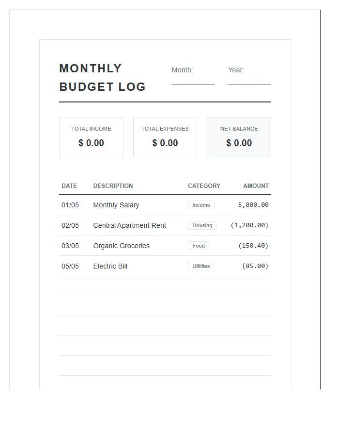 Essential Money Logging Printable Budget Chart