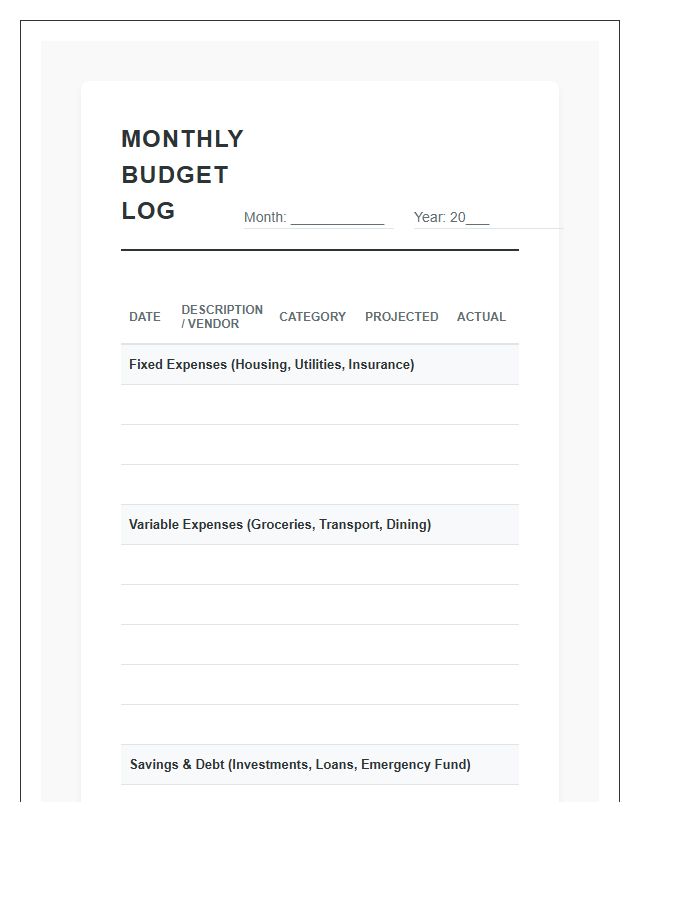 Household Finance Logging Printable Budget Chart