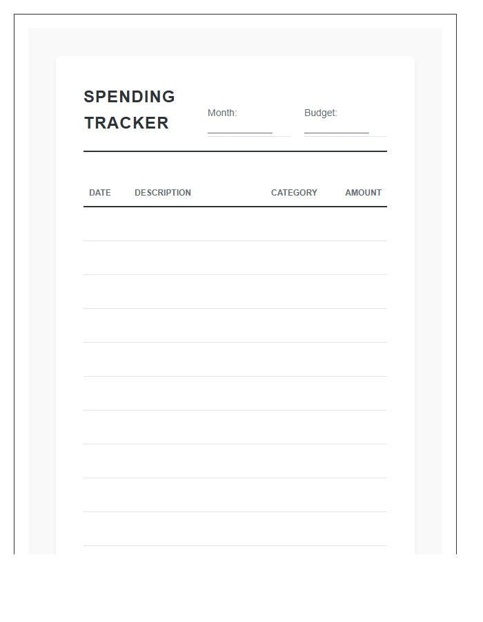Personal Spending Tracker Printable Budget Chart