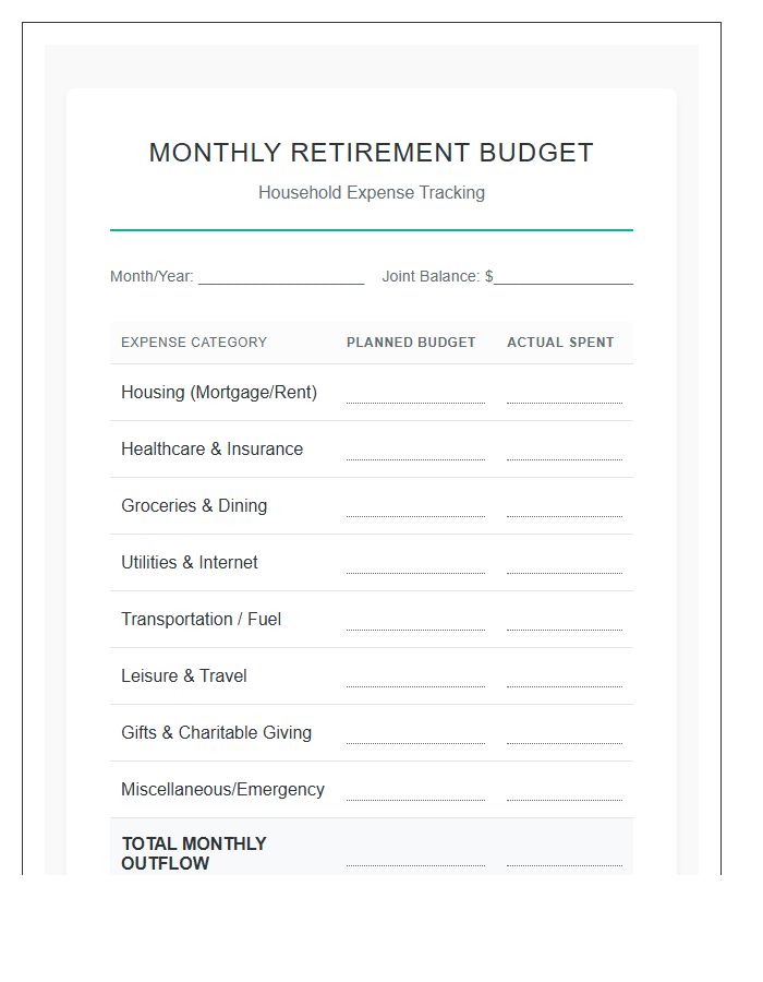 Retired Couple Expense Printable Budget Chart