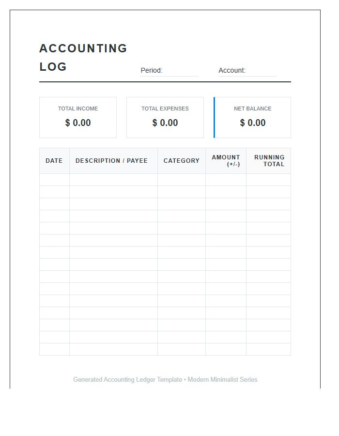 Simple Accounting Logging Printable Budget Chart