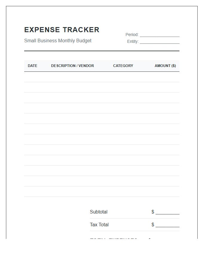 Small Business Expense Printable Budget Chart