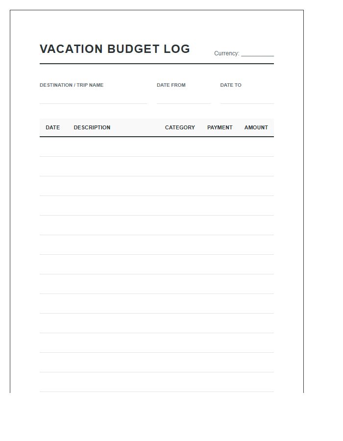 Vacation Spending Logging Printable Budget Chart