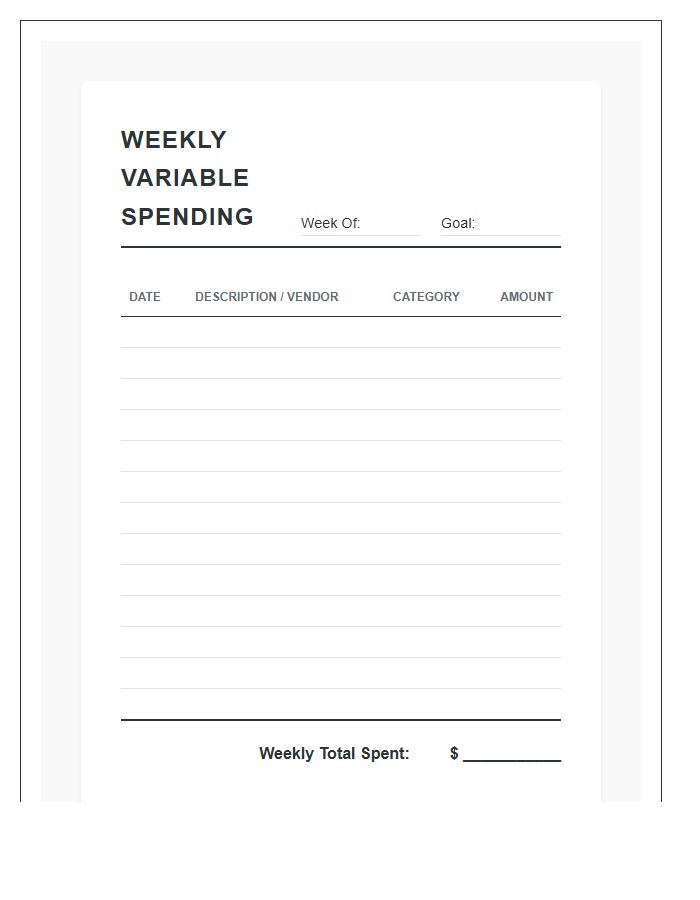 Weekly Variable Spending Printable Budget Chart