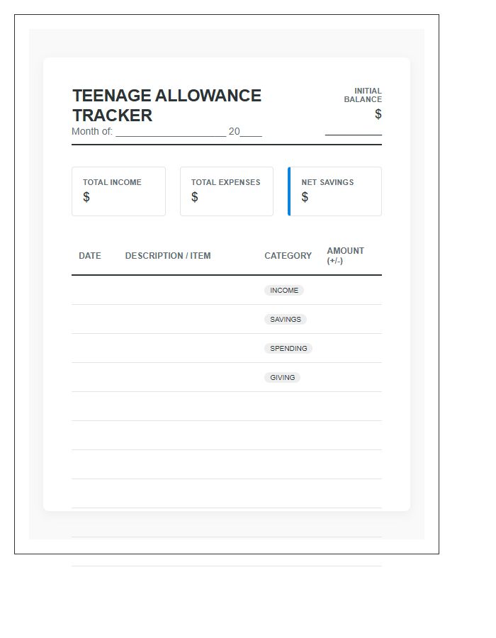 Comprehensive Teenager Allowance Printable Budget Chart