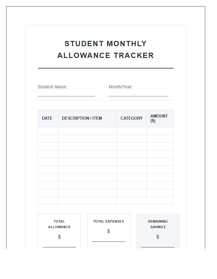 High School Student Allowance Printable Budget Chart