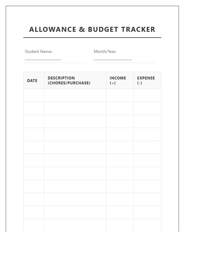 Middle School Allowance Tracker Printable Budget Chart
