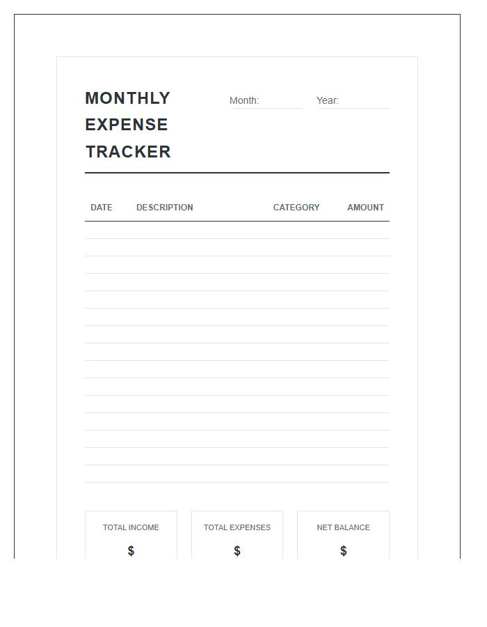 Monthly Expense Tracker Printable Budget Chart