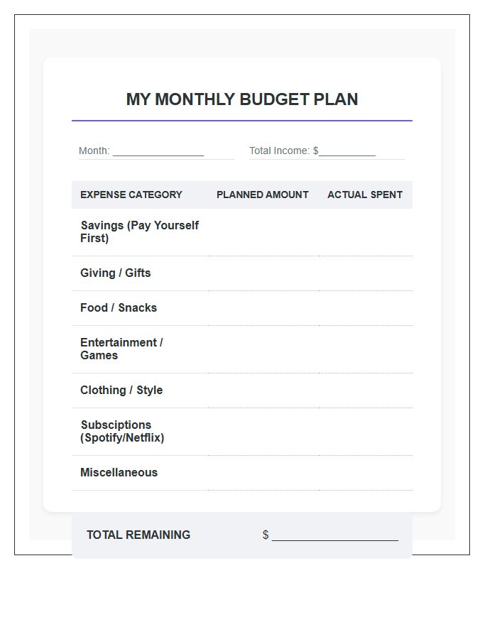 Simple Teen Budgeting Plan Printable Budget Chart