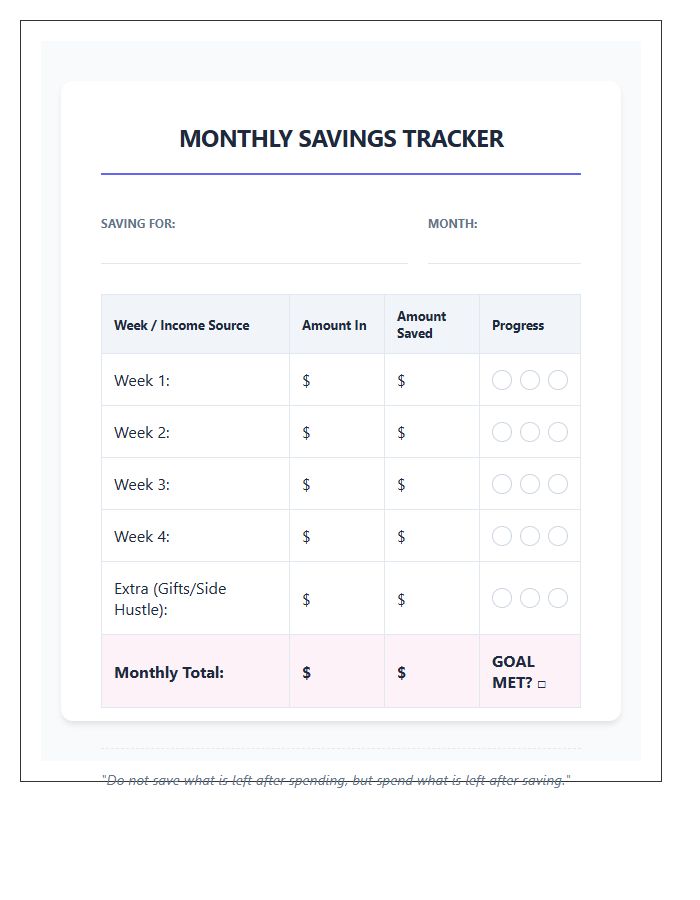 Teen Monthly Savings Goals Printable Budget Chart