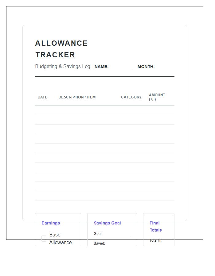 Teenager Allowance Tracker Printable Budget Chart