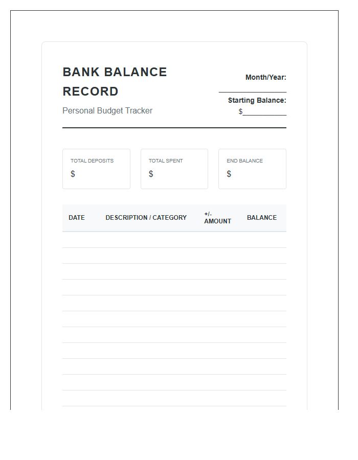 Teenager Bank Balance Record Printable Budget Chart