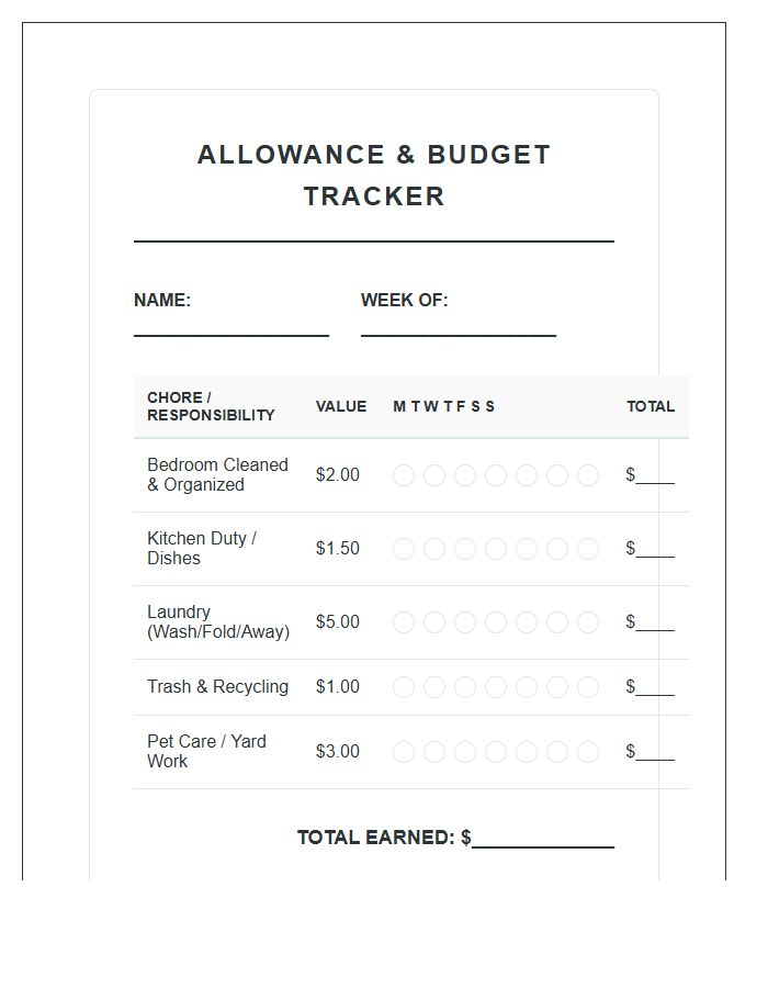 Teenager Chore Based Allowance Printable Budget Chart