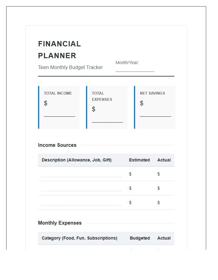 Teenager Financial Planning Tool Printable Budget Chart
