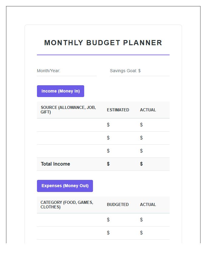 Teenager Income And Expense Printable Budget Chart