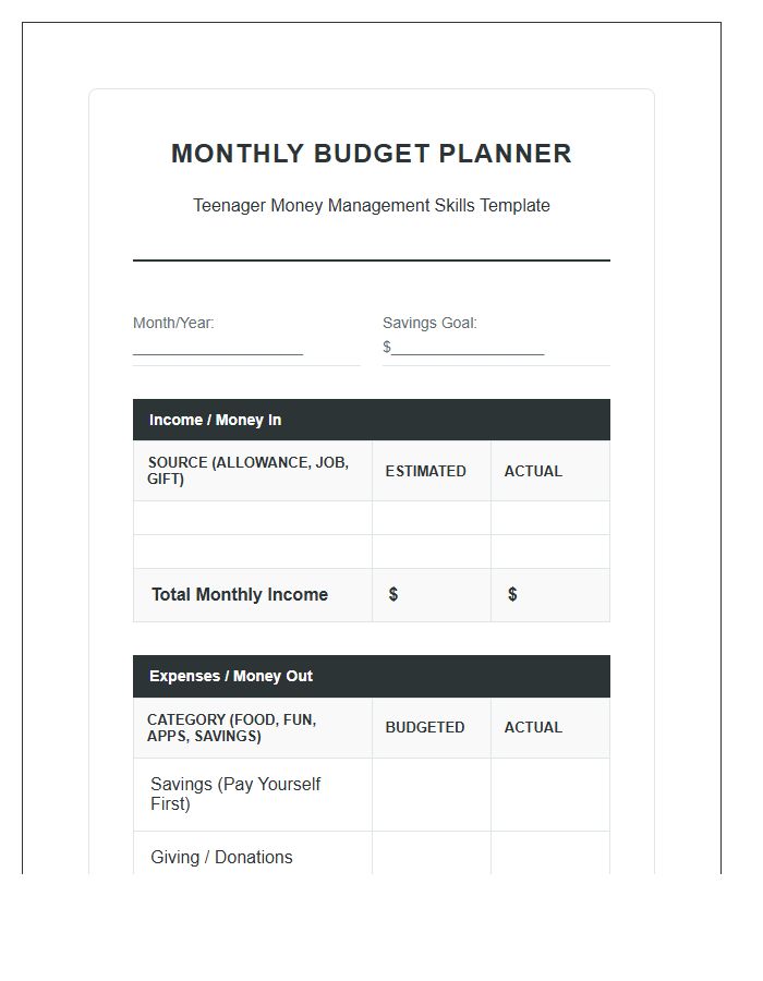 Teenager Money Management Skills Printable Budget Chart
