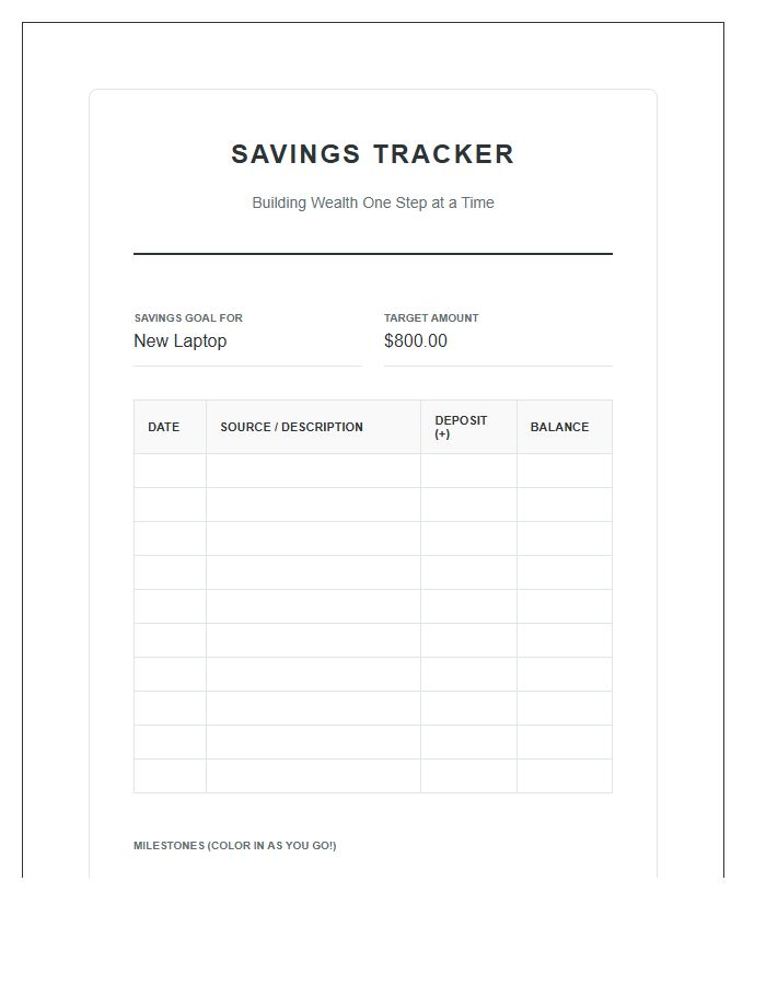 Teenager Savings Account Tracker Printable Budget Chart